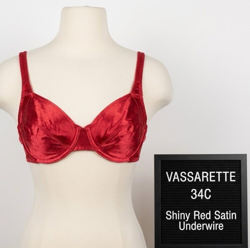 Vassarette 34C Shiny Red Satin Underwire Bra #75-144 Unlined Vintage Retro
